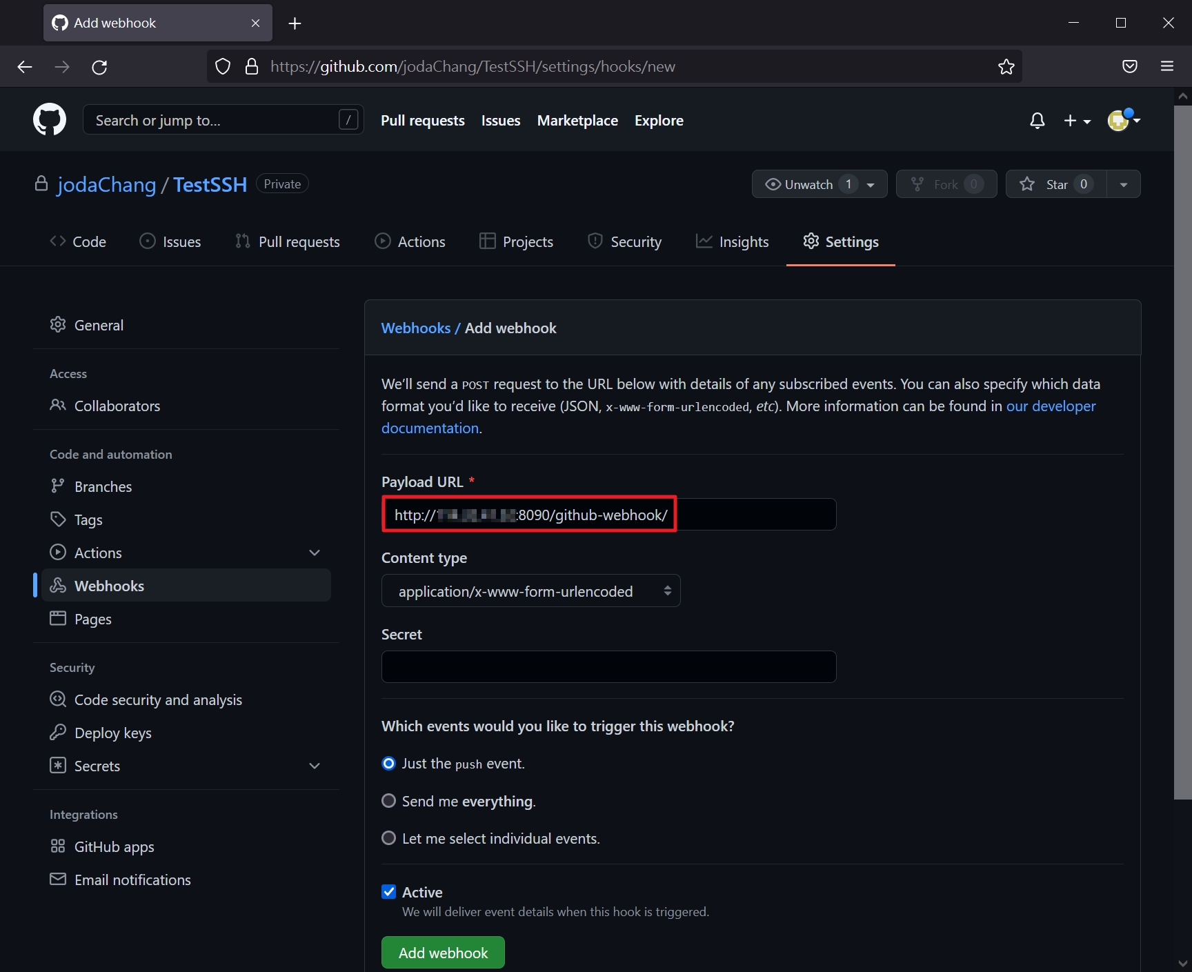 github設定webhook